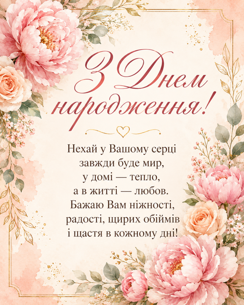 Красива квіткова листівка з текстом «З Днем народження!» і зворушливим побажанням миру, тепла, любові та щастя жінці.