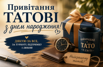 Тепла обкладинка з подарунком, годинником, чашкою та листівкою для тата. Синьо-золоті відтінки створюють щиру святкову атмосферу до дня народження.
