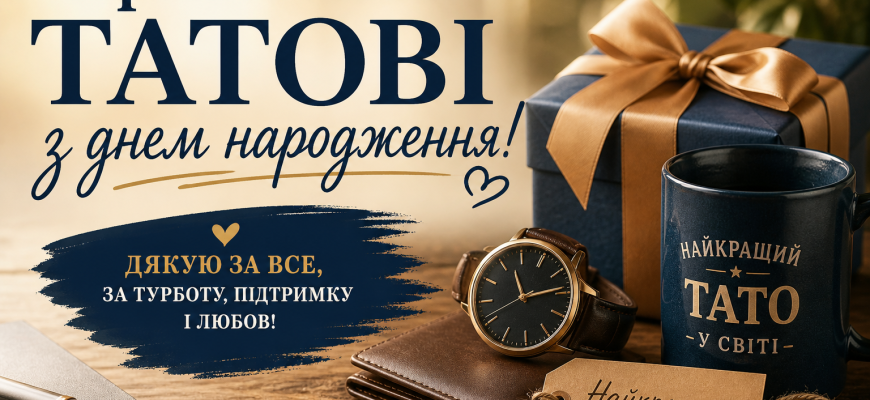 Тепла обкладинка з подарунком, годинником, чашкою та листівкою для тата. Синьо-золоті відтінки створюють щиру святкову атмосферу до дня народження.