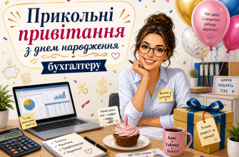 Прикольні привітання з днем народження бухгалтеру з веселою ілюстрацією бухгалтера, подарунком, калькулятором і святковими кульками