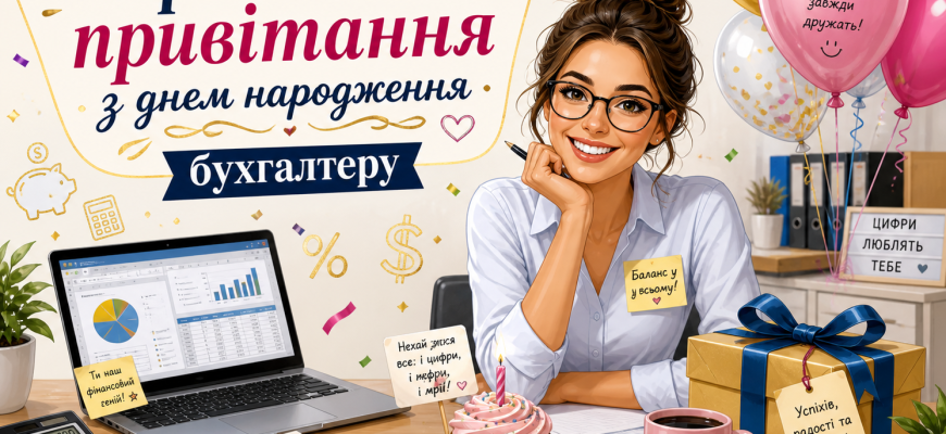 Прикольні привітання з днем народження бухгалтеру з веселою ілюстрацією бухгалтера, подарунком, калькулятором і святковими кульками