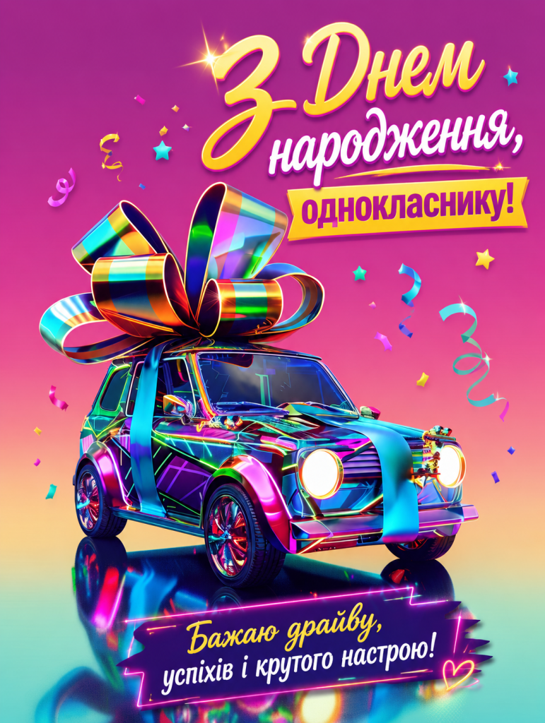 Кольоровий автомобіль із бантом і привітанням з днем народження для однокласника