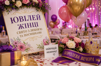 Святковий декор для жіночого ювілею з квітами, кульками, короною та написом про ювілей жінці