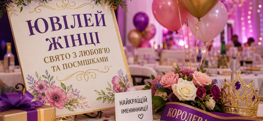 Святковий декор для жіночого ювілею з квітами, кульками, короною та написом про ювілей жінці