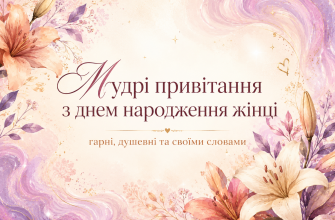 Обкладинка статті «Мудрі привітання з днем народження жінці» з елегантними акварельними ліліями, пастельним фоном і підзаголовком про гарні, душевні привітання своїми словами.