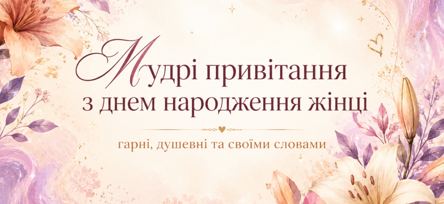 Обкладинка статті «Мудрі привітання з днем народження жінці» з елегантними акварельними ліліями, пастельним фоном і підзаголовком про гарні, душевні привітання своїми словами.