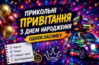 Прикольні привітання з днем народження однокласнику на яскравій святковій обкладинці з кульками, подарунковим авто та конфеті