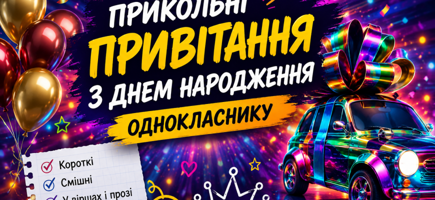 Прикольні привітання з днем народження однокласнику на яскравій святковій обкладинці з кульками, подарунковим авто та конфеті