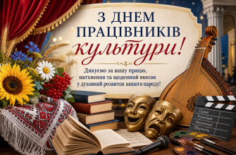 Святкова сцена до Дня працівників культури з українськими символами, квітами, книгами, масками, бандурою та мікрофоном