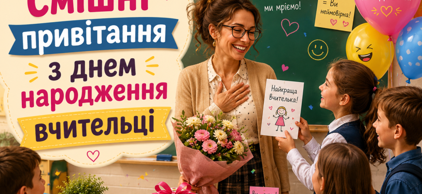 Смішні привітання з днем народження вчительці від учнів у святково прикрашеному класі