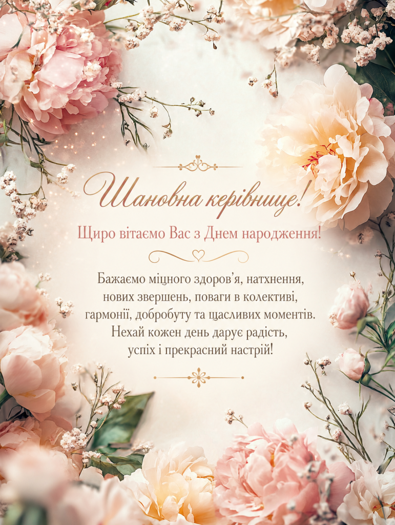 Ніжна квіткова листівка з півоніями та теплим привітанням з днем народження для жінки-керівника