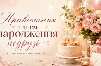 Привітання з днем народження подрузі з квітами, тортом, подарунком і святковими кульками