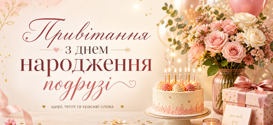 Привітання з днем народження подрузі з квітами, тортом, подарунком і святковими кульками