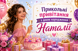 Прикольні привітання з днем народження Наталії з тортом, кульками, квітами та подарунками