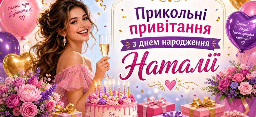 Прикольні привітання з днем народження Наталії з тортом, кульками, квітами та подарунками
