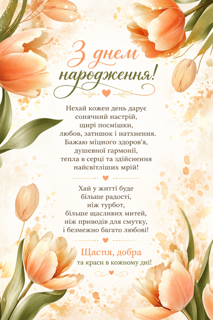 Світла акварельна рамка з персиковими тюльпанами, зеленим листям і вільним місцем для тексту привітання.