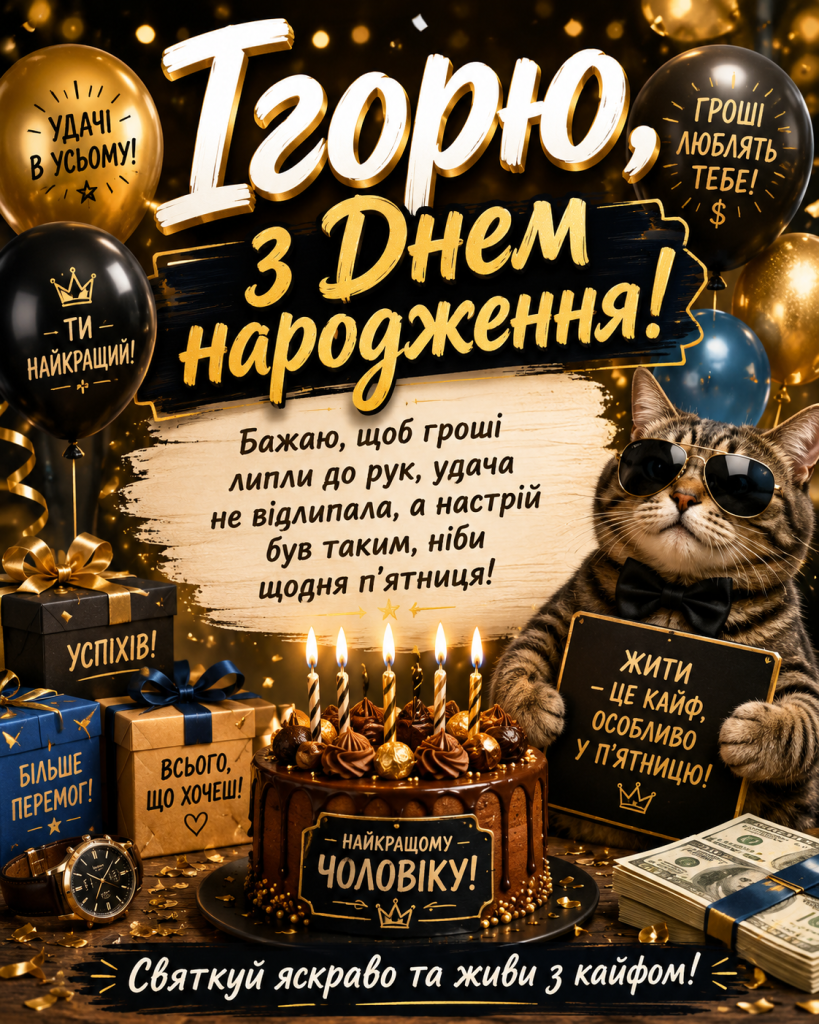 Прикольна листівка для Ігоря з чорними й золотими кульками, тортом, подарунками та веселим привітанням з днем народження.