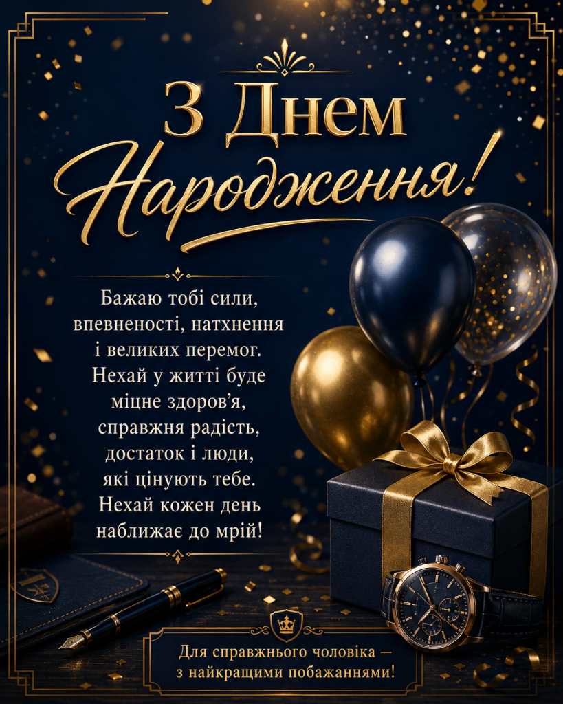 Оригінальна листівка з днем народження мужчині у темно-синіх і золотих тонах з подарунком, кульками та святковим привітанням