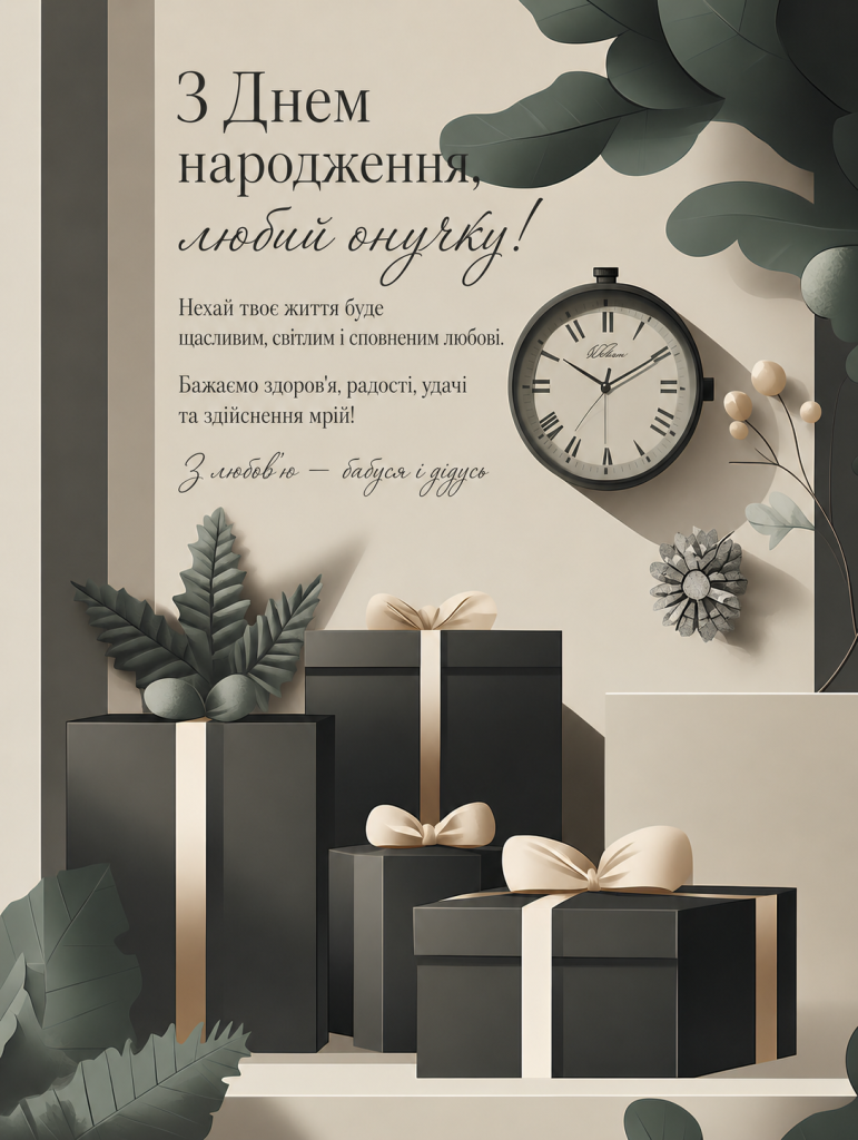 Привітання з днем народження онука на листівці з подарунками