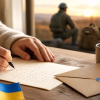 Руки пишуть листа українському військовому на фронт, поруч конверт із синьо-жовтим серцем