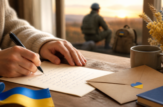 Руки пишуть листа українському військовому на фронт, поруч конверт із синьо-жовтим серцем