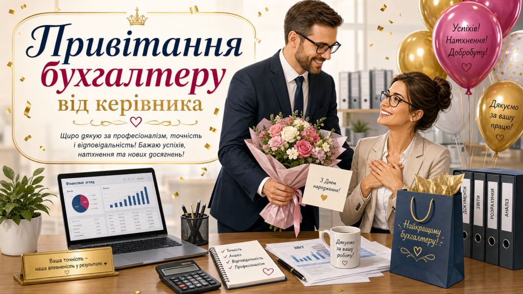 Привітання бухгалтеру від керівника з ілюстрацією офісного привітання, квітами, подарунком і святковими кульками