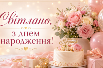 Світлано з днем народження — святкова листівка з квітами, тортом, подарунками та повітряними кульками