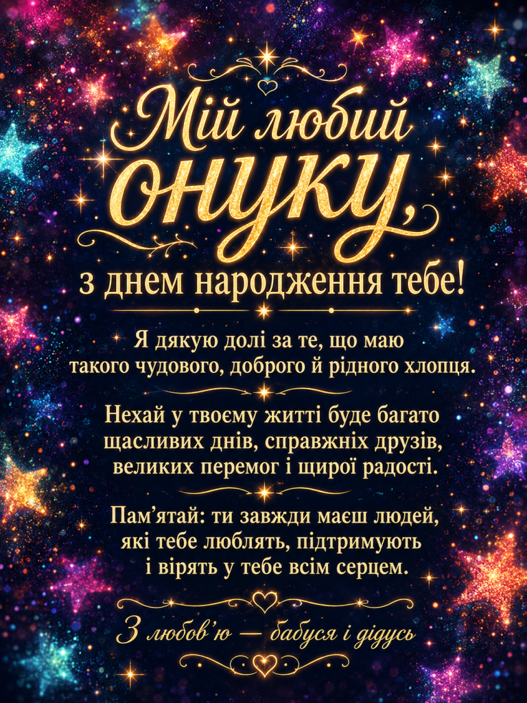 Яскрава листівка з днем народження онука на зоряному фоні