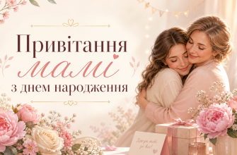 Ніжна обкладинка з привітанням мамі з днем народження: мама й донька обіймаються серед рожевих квітів, подарунків і святкового декору