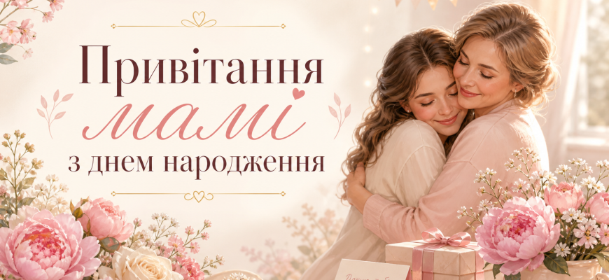 Ніжна обкладинка з привітанням мамі з днем народження: мама й донька обіймаються серед рожевих квітів, подарунків і святкового декору
