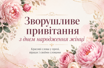 Обкладинка до статті «Зворушливе привітання з днем народження жінці» з ніжними квітами та підписом про красиві слова у прозі, віршах і своїми словами.