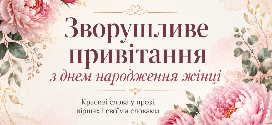 Обкладинка до статті «Зворушливе привітання з днем народження жінці» з ніжними квітами та підписом про красиві слова у прозі, віршах і своїми словами.