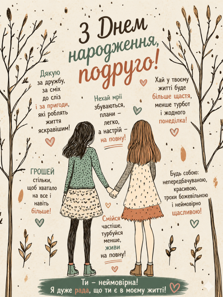 Ніжна ілюстрація подруг, які тримаються за руки, з побажаннями до дня народження