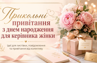 Обкладинка статті про прикольні привітання з днем народження для керівника жінки з квітами, подарунком і шампанським