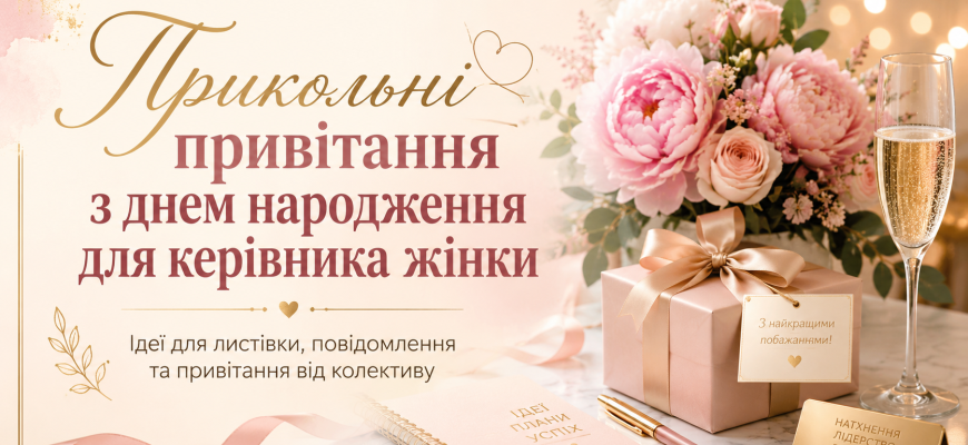 Обкладинка статті про прикольні привітання з днем народження для керівника жінки з квітами, подарунком і шампанським