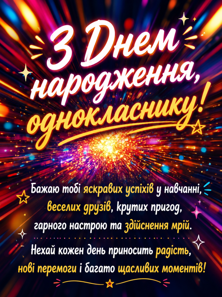 Святкова листівка з кольоровими вогнями та довгим привітанням з днем народження однокласнику