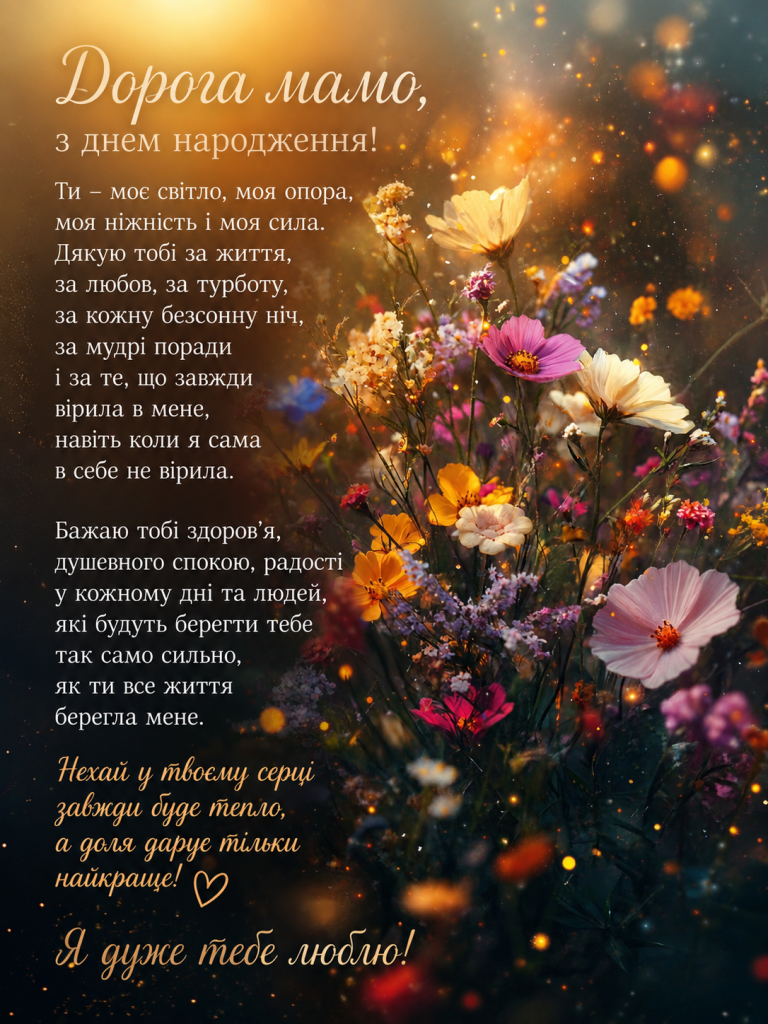 Ніжне привітання з днем народження мамі від дочки на тлі польових квітів і золотого світла