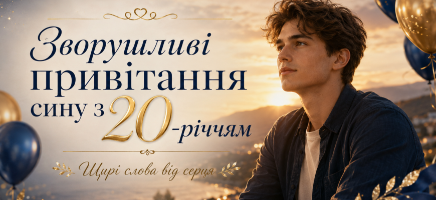 Обкладинка до статті «Зворушливі привітання сину з 20-річчям» із молодим хлопцем, святковими кульками та теплим заходом сонця.