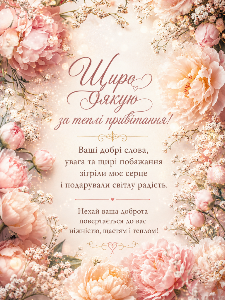 Ніжна листівка-подяка в пастельних рожево-кремових тонах з пишними півоніями, дрібними квітами й теплим текстом вдячності за привітання.
