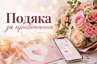Обкладинка до статті «Подяка за привітання» з ніжним букетом рожевих квітів, конвертом, листівкою з сердечком і смартфоном на світлому романтичному фоні.
