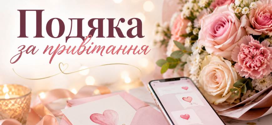 Обкладинка до статті «Подяка за привітання» з ніжним букетом рожевих квітів, конвертом, листівкою з сердечком і смартфоном на світлому романтичному фоні.