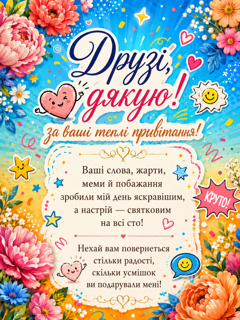 Яскрава листівка-подяка друзям у синьо-помаранчевих відтінках з квітами, смайликами, сердечками, зірочками та веселим текстом подяки за привітання.
