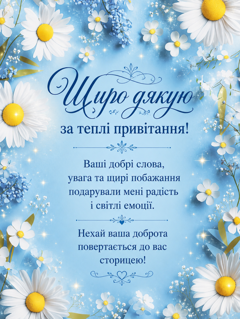 Листівка-подяка у блакитних тонах з ромашками та дрібними квітами по краях, декоративними блискітками й текстом щирої подяки за теплі привітання.