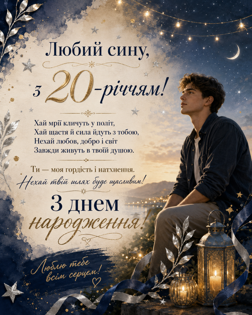 Елегантна листівка з днем народження сину на 20 років із віршованим привітанням, нічним небом, ліхтарями та золотими акцентами.